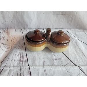 Vintage Brown Glazed Stoneware Double Condiment Dish with Lids